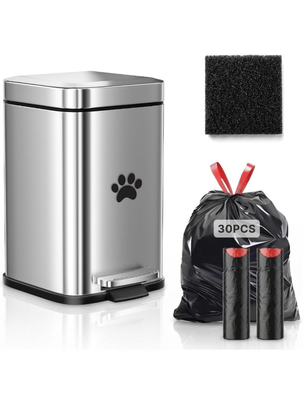 Small Dog Waste Bin with Odor Control Lid, 5L Metal Step Can & 30 Bags